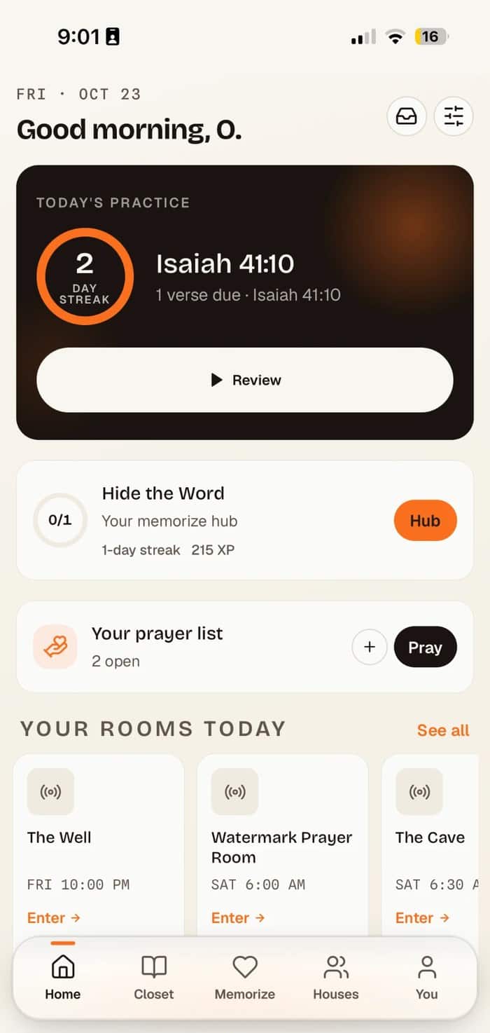 PrayerGym home screen with today's practice and prayer rooms