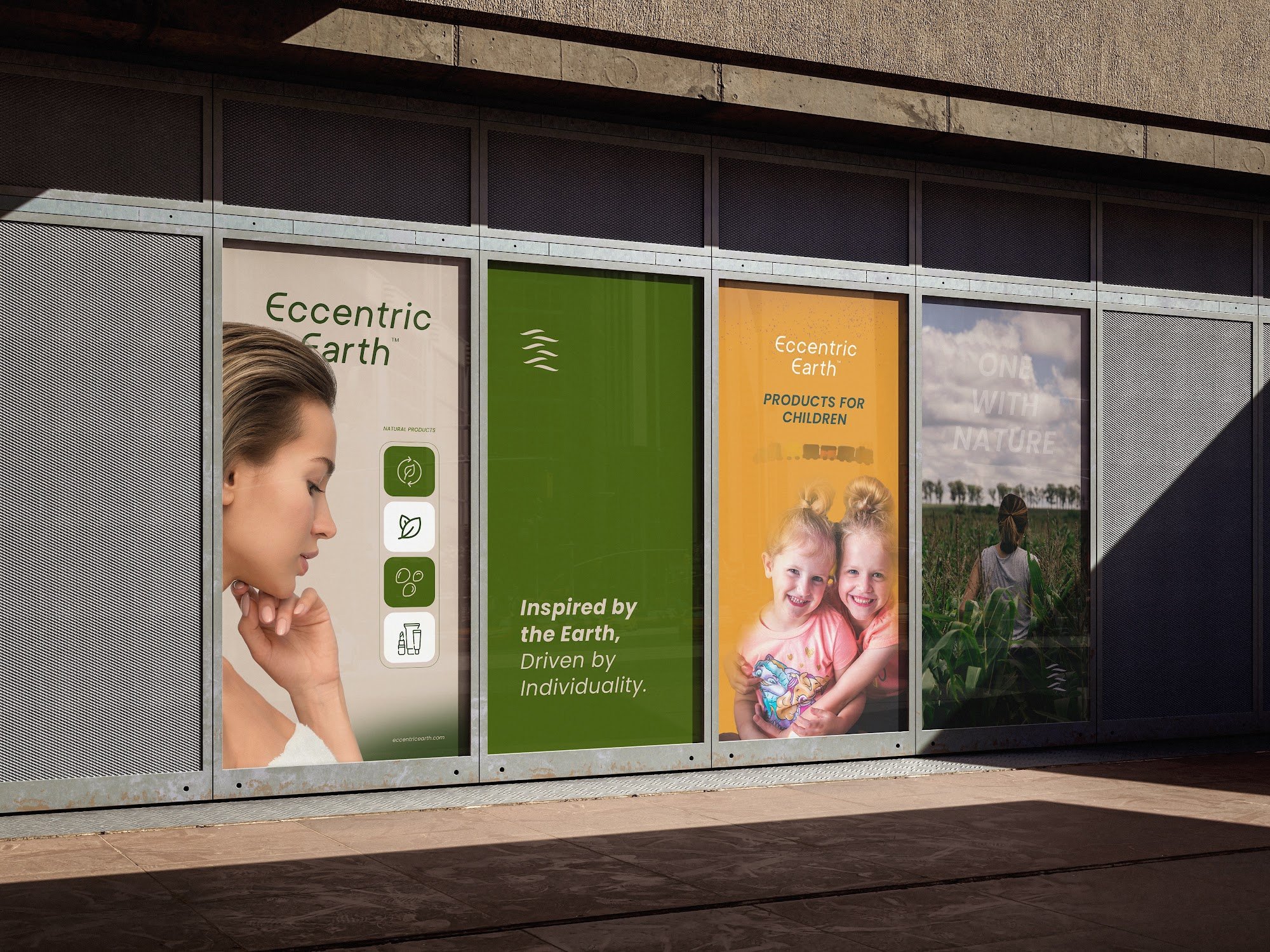 Run of Eccentric Earth panels on a street wall