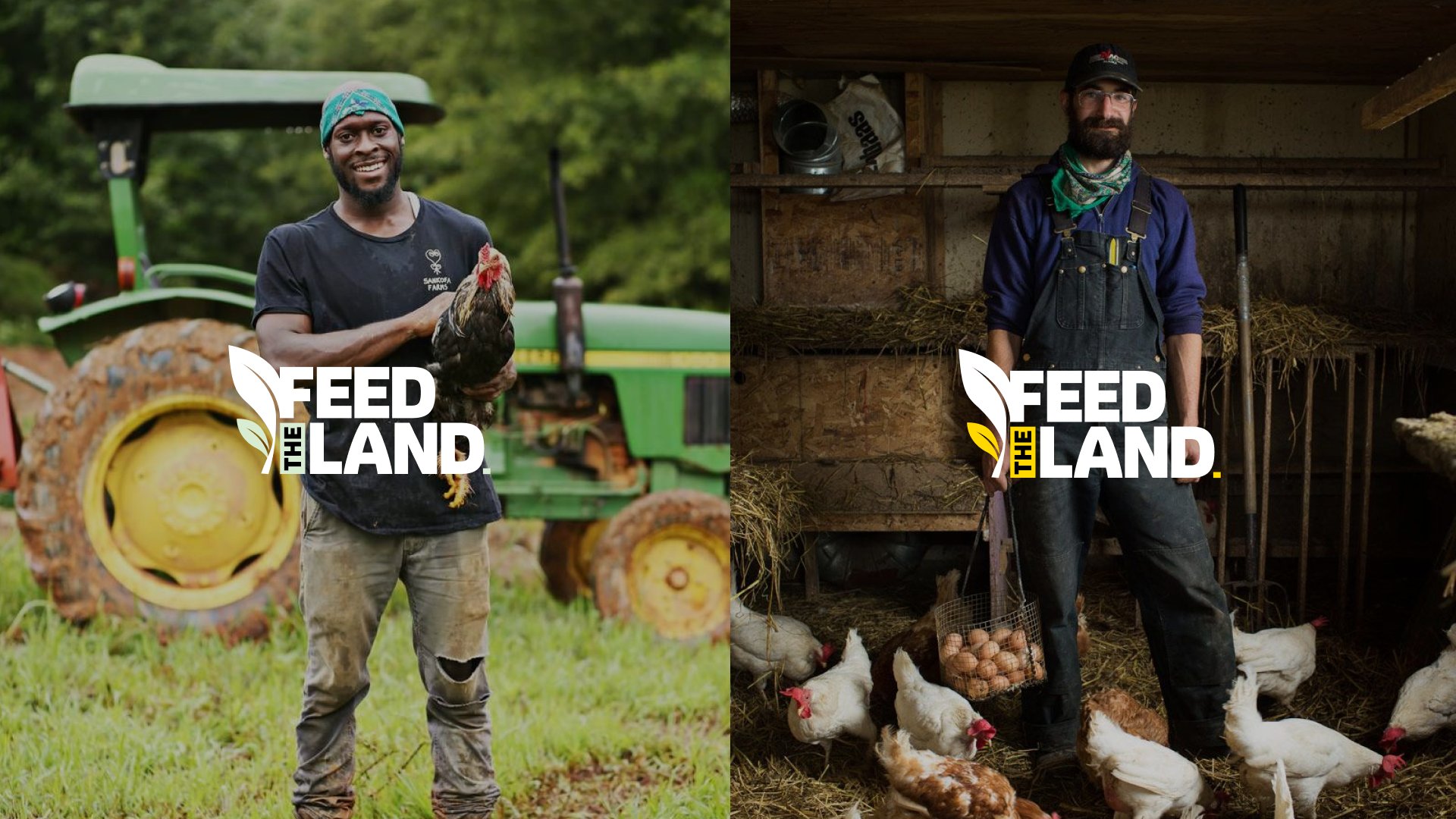 Farmers with the Feed The Land logo