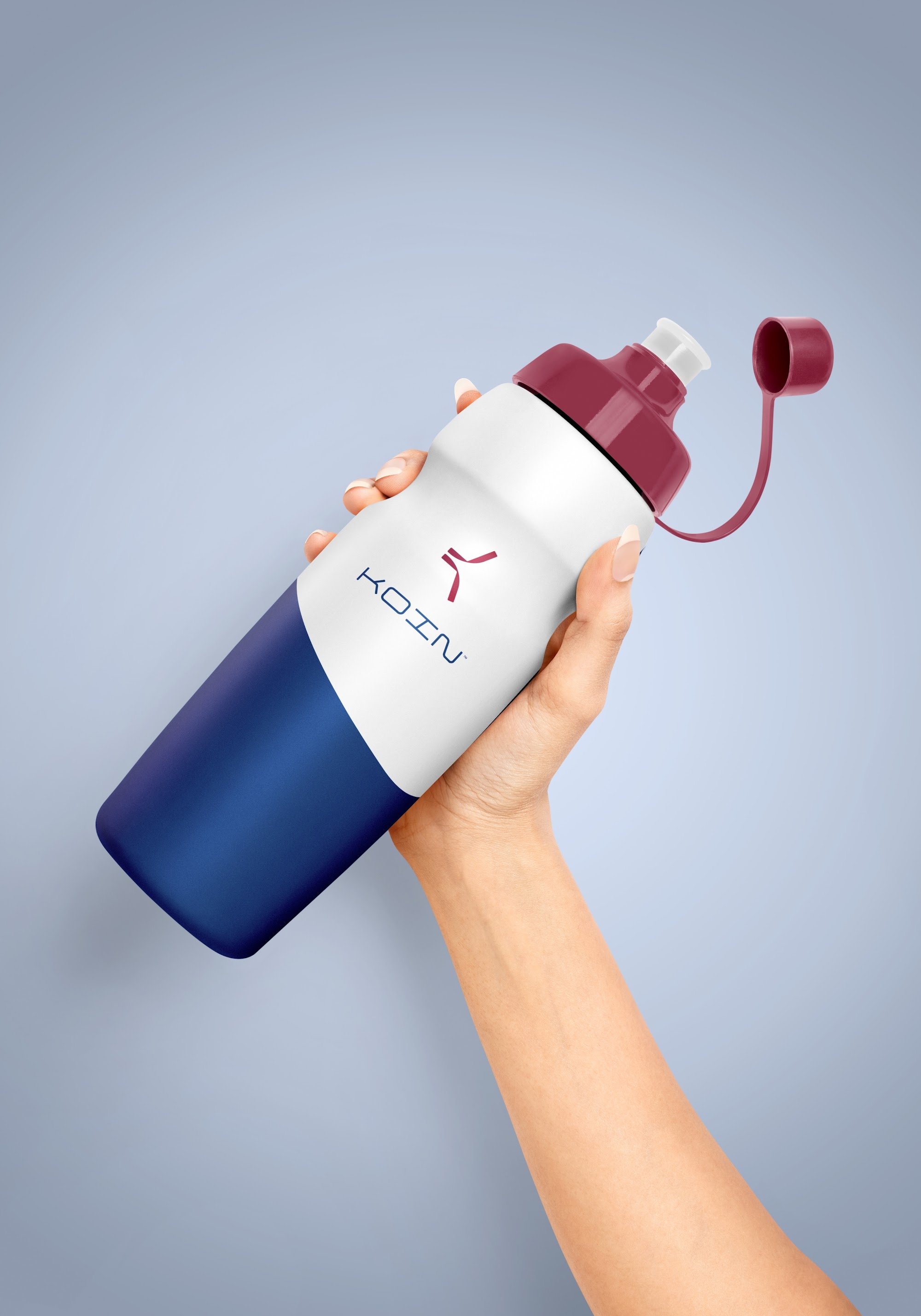 Koin water bottle in Oxford Blue and Claret